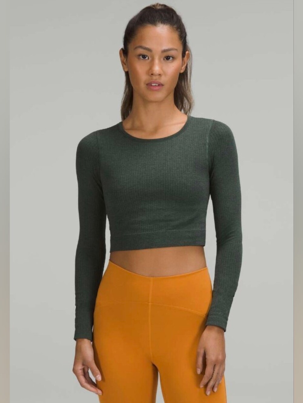Lululemon Ebb to Street Long Sleeve Cropped Ribbed Built in Bra Shirt 4/6 Green